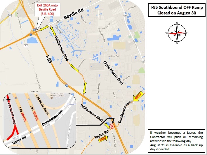 F.D.O.T. reports that the I-95 southbound on and off ramps at Dunlawton Avenue/Taylor Road (S.R. 421) will be temporarily closed tonight (August 30, 2017). Click For Details!