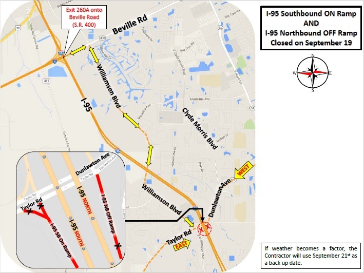 F.D.O.T. is reporting I-95 Port Orange Ramp Closures - Sept 19 - Sept 21